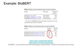 Example: BioBERT
https://arxiv.org/abs/1901.08746
https://github.com/dmis-lab/biobert
BioBERT: a pre-trained biomedical language representation model for biomedical text mining
 