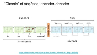 “Classic” of seq2seq: encoder-decoder
https://www.quora.com/What-is-an-Encoder-Decoder-in-Deep-Learning
 