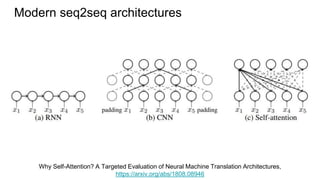 Modern seq2seq architectures
Why Self-Attention? A Targeted Evaluation of Neural Machine Translation Architectures,
https://arxiv.org/abs/1808.08946
 