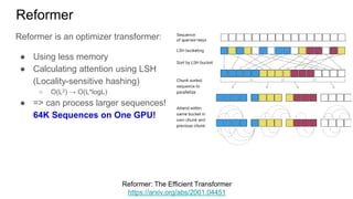 Reformer is an optimizer transformer:
● Using less memory
● Calculating attention using LSH
(Locality-sensitive hashing)
○ O(L2) → O(L*logL)
● => can process larger sequences!
64K Sequences on One GPU!
Reformer
Reformer: The Efficient Transformer
https://arxiv.org/abs/2001.04451
 