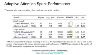 The models are smaller, the performance is better.
Adaptive Attention Span: Performance
“Adaptive Attention Span in Transformers”,
https://arxiv.org/abs/1905.07799
 