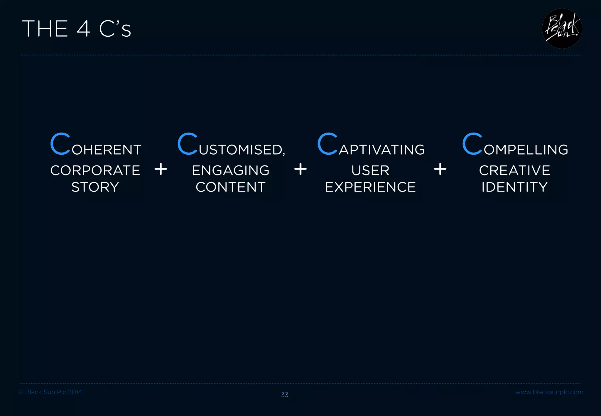 © Black Sun Plc 2014 www.blacksunplc.com 
THE 4 C’s 33 
COHERENT 
CORPORATE STORY 
COMPELLING CREATIVE 
IDENTITY 
CAPTIVATING USER EXPERIENCE 
CUSTOMISED, 
ENGAGING 
CONTENT 
+ 
+ 
+  