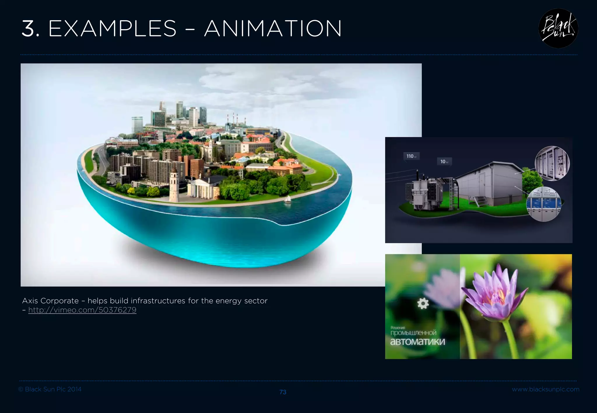 © Black Sun Plc 2014 73 www.blacksunplc.com 
3. EXAMPLES – MAPS 
Playful high tech globe showing a cyber threat real time map to explain an anti-virus software programme – http://cybermap.kaspersky.com  