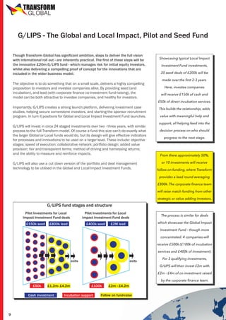 TRANSFORM
GLOBAL

G/LIPS - The Global and Local Impact, Pilot and Seed Fund
Though Transform Global has significant ambition, steps to deliver the full vision
with international roll out - are inherently practical. The first of these steps will be
the innovative £20m G/LIPS fund - which manages risk for initial equity investors,
whilst also delivering a compelling proof of concept for the innovations that are
included in the wider business model.
The objective is to do something that on a small scale, delivers a highly compelling
proposition to investors and investee companies alike. By providing seed (and
incubation), and lead (with corporate finance co-investment fund-raising), the
model can be both attractive to investee companies, and healthy for investors.
Importantly, G/LIPS creates a strong launch platform, delivering investment case
studies, helping secure cornerstone investors, and starting the sponsor recruitment
program. In turn it positions for Global and Local Impact Investment Fund launches.
G/LIPS will invest in circa 24 staged investments over two - three years, with similar
process to the full Transform model. Of course a fund this size can’t do exactly what
the larger Global or Local funds would do, but its design will give effective indicators
for processes and innovations to be used on a larger level. These include: objective
stages; speed of execution; collaborative network; portfolio design; added value
provision; fair and transparent terms; method of driving and harnessing returns;
and the ability to measure and reinforce impacts.
G/LIPS will also use a cut down version of the portfolio and deal management
technology to be utilised in the Global and Local Impact Investment Funds.

Showcasing typical Local Impact
Investment Fund investments,
20 seed deals of £200k will be
made over the first 2-3 years.
Here, investee companies
will receive £150k of cash and
£50k of direct incubation services.
This builds the relationship, adds
value with meaningful help and
support, all helping feed into the
decision process on who should
progress to the next stage.

From there approximately 50%,
or 10 investments will receive
follow on funding, where Transform
provides a lead round averaging
£800k. The corporate finance team
will raise match funding from other
strategic or value adding investors.

G/LIPS fund stages and structure
Pilot Investments for Local
Impact Investment Fund deals

Pilot Investments for Local
Impact Investment Fund deals
£150k seed

£800k lead

£400k seed

The process is similar for deals
which showcase the Global Impact

£2M lead

Investment Fund - though more
concentrated. 4 companies will
receive £500k (£100k of incubation
services and £400k of investment).

exits

exits

For 3 qualifying investments,
G/LIPS will then invest £2m with
£2m - £4m of co-investment raised
by the corporate finance team.

£50k

£1.2m- £4.2m

Cash investment

9

£100k

Incubation support

£2m - £4.2m

Follow on fund-raise

 