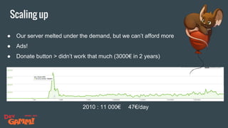 Scaling up
● Our server melted under the demand, but we can’t afford more
● Ads!
● Donate button > didn’t work that much (3000€ in 2 years)
2010 : 11 000€ 47€/day
 