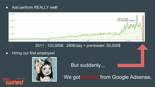 ● Ads perform REALLY well!
2011 : 103,000€ 280€/day + pre-loader: 55,000$
● Hiring our first employee!
But suddenly...
We got banned from Google Adsense.
 