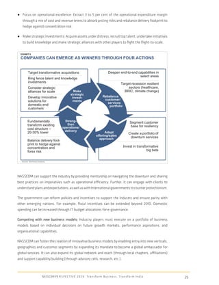 ● Focus on operational excellence: Extract 3 to 5 per cent of the operational expenditure margin
   through a mix of cost and revenue levers to absorb pricing risks and rebalance delivery footprint to
   hedge against concentration risk

● Make strategic investments: Acquire assets under distress, recruit top talent, undertake initiatives
   to build knowledge and make strategic alliances with other players to ﬁght the ﬂight-to-scale.


  EXHIBIT 8
  COMPANIES CAN EMERGE AS WINNERS THROUGH FOUR ACTIONS


         Target transformative acquisitions                                                Deepen end-to-end capabilities in
                                                                                                              select areas
         Ring fence talent and knowledge
         investments                                                                                    Target recession resilient
         Consider strategic                                                                                  sectors (healthcare,
         alliances for scale                           Make                                               BRIC, climate change)
                                                     strategic
         Develop innovative                           invest-                        Rebalance
         solutions for                                 ments                          customer/
                                                                                        services
         domestic end-                                                                   portfolio
         customers


         Fundamentally                        Streng-                                                            Segment customer
         transform existing                    then
                                            operations/                                                           base for resiliency
         cost structure –
                                             delivery                                Adapt
         20-30% lower                                                                                           Create a portfolio of
                                                                               offering/sales                    downturn services
                                                                                 approach
         Balance delivery foot-
         print to hedge against
         concentration and                                                                                Invest in transformative
         forex risk                                                                                                        big bets


   Source: McKinsey analysis




NASSCOM can support the industry by providing mentorship on navigating the downturn and sharing
best practices on imperatives such as operational efﬁciency. Further, it can engage with clients to
understand plans and expectations, as well as with international governments to counter protectionism.

The government can reform policies and incentives to support the industry and ensure parity with
other emerging nations. For example, ﬁscal incentives can be extended beyond 2010. Domestic
spending can be increased through IT budget allocations for e-governance.

Competing with new business models: Industry players must execute on a portfolio of business
models based on individual decisions on future growth markets, performance aspirations, and
organisational capabilities.

NASSCOM can foster the creation of innovative business models by enabling entry into new verticals,
geographies and customer segments by expanding its mandate to become a global ambassador for
global services. It can also expand its global network and reach (through local chapters, afﬁliations)
and support capability building (through advisory cells, research, etc.).



                        NASSCOM P E R S P E C T I V E 2 0 2 0 : T r a n s f o r m B u s i n e s s , T r a n s f o r m I n d i a         25
 