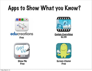 Apps to Show What you Know?



                                Explain Everything
                       Free           $2.99




                      Show Me    Screen Chomp
                        Free         Free

Friday, March 8, 13
 