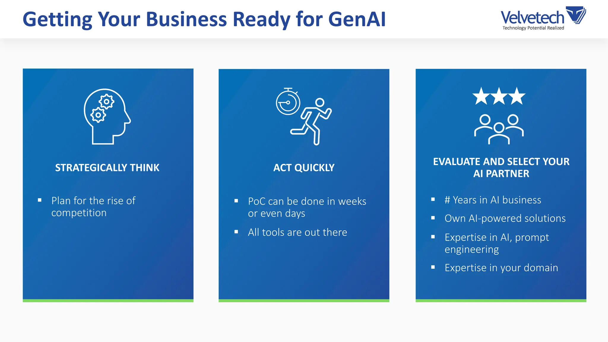 § Plan for the rise of
competition
§ PoC can be done in weeks
or even days
§ All tools are out there
§ # Years in AI business
§ Own AI-powered solutions
§ Expertise in AI, prompt
engineering
§ Expertise in your domain
STRATEGICALLY THINK ACT QUICKLY
EVALUATE AND SELECT YOUR
AI PARTNER
Getting Your Business Ready for GenAI
 