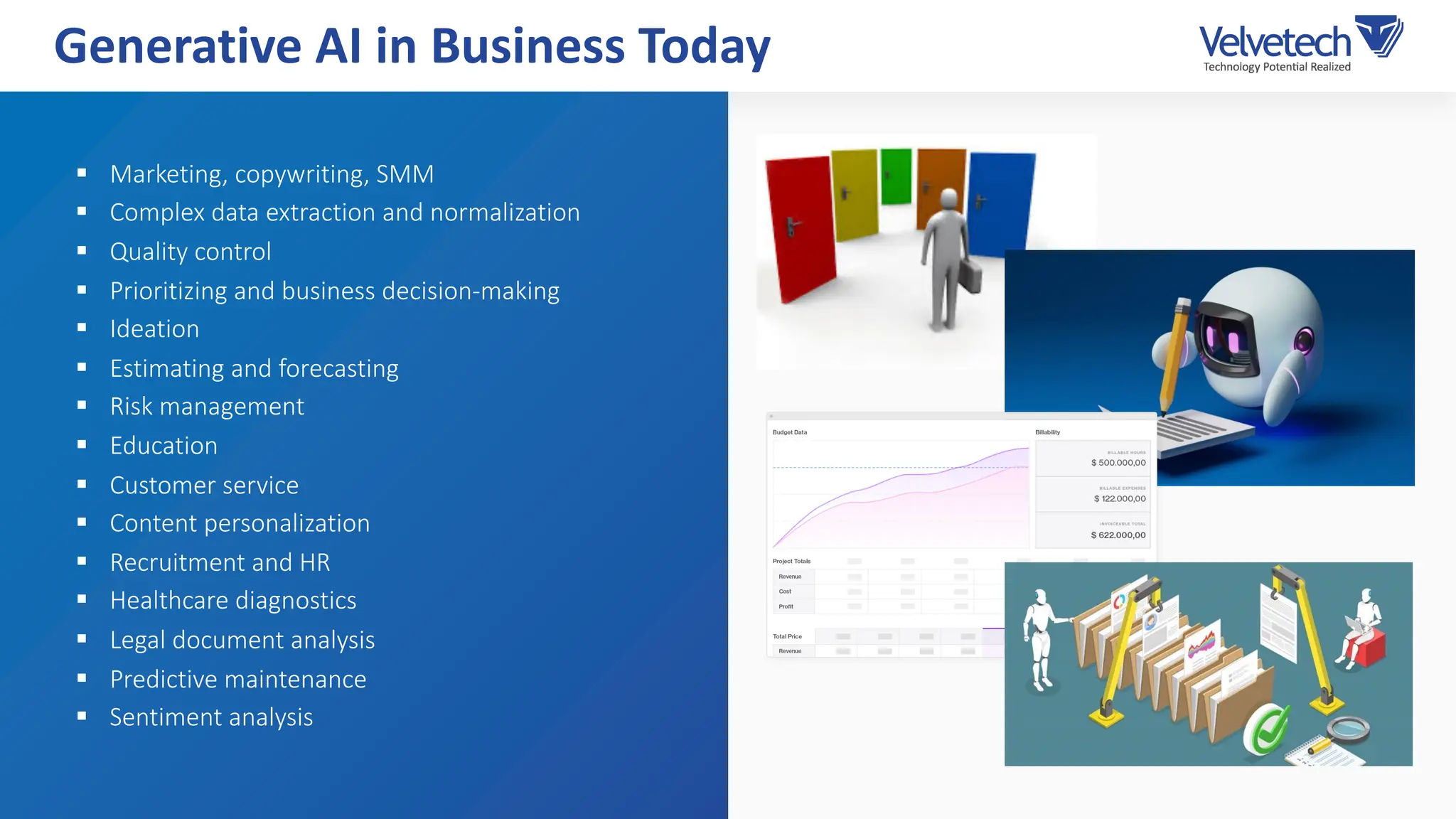 § Marketing, copywriting, SMM
§ Complex data extraction and normalization
§ Quality control
§ Prioritizing and business decision-making
§ Ideation
§ Estimating and forecasting
§ Risk management
§ Education
§ Customer service
§ Content personalization
§ Recruitment and HR
§ Healthcare diagnostics
§ Legal document analysis
§ Predictive maintenance
§ Sentiment analysis
Generative AI in Business Today
 