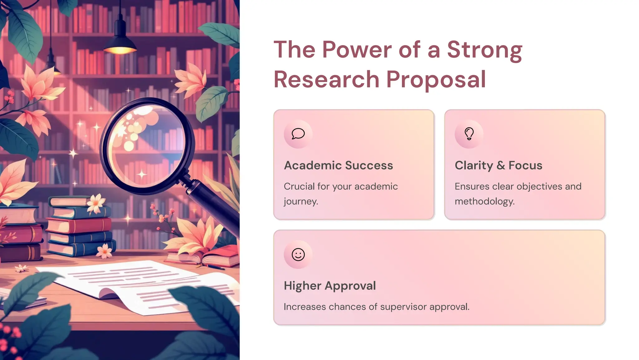 The Power of a Strong
Research Proposal
Academic Success
Crucial for your academic
journey.
Clarity & Focus
Ensures clear objectives and
methodology.
Higher Approval
Increases chances of supervisor approval.
 
