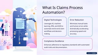What Is Claims Process
Automation?
Digital Technologies
Leverages AI, machine
learning, RPA, and OCR to
automate end-to-end claim
workflows and decision-
making.
Error Reduction
Minimizes manual tasks
and human errors while
dramatically accelerating
processing speed and
accuracy.
Compliance Excellence
Enhances adherence to regulatory standards with automated
audit trails and documentation.
 