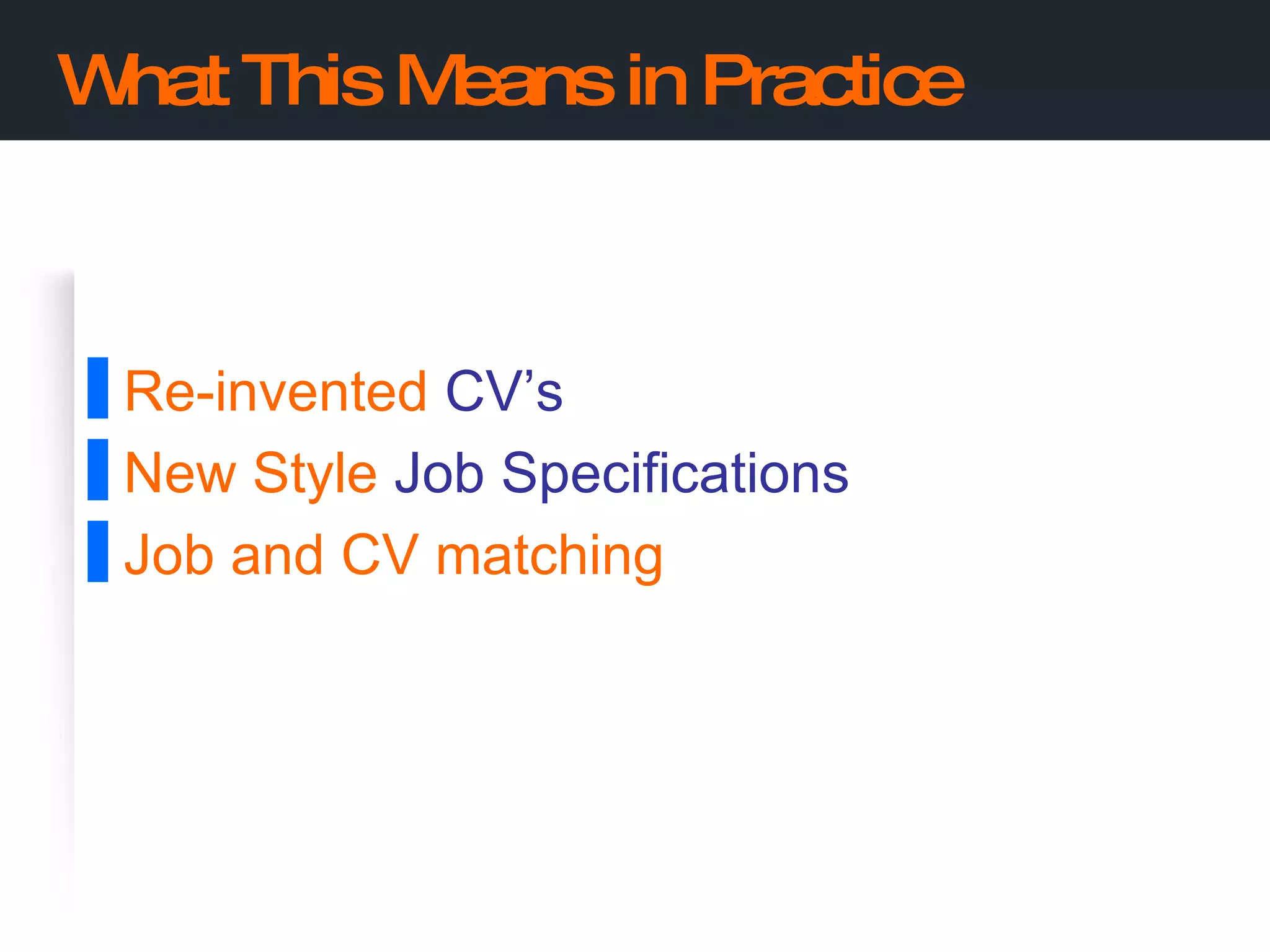 What This Means in Practice Re-invented  CV’s New Style  Job Specifications Job and CV matching 