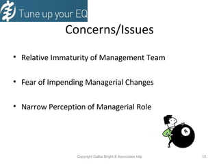Concerns/Issues Relative Immaturity of Management Team Fear of Impending Managerial Changes Narrow Perception of Managerial Role 