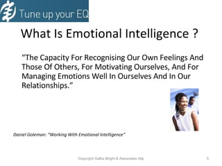 What Is Emotional Intelligence ?  “ The Capacity For Recognising Our Own Feelings And Those Of Others, For Motivating Ourselves, And For Managing Emotions Well In Ourselves And In Our Relationships.” Daniel Goleman: “Working With Emotional Intelligence” 