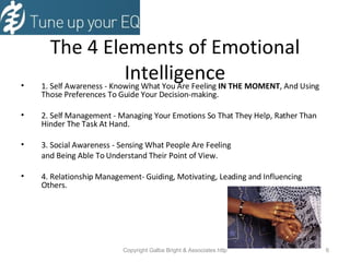The 4 Elements of Emotional Intelligence 1. Self Awareness - Knowing What You Are Feeling  IN THE MOMENT , And Using Those Preferences To Guide Your Decision-making. 2. Self Management - Managing Your Emotions So That They Help, Rather Than Hinder The Task At Hand. 3. Social Awareness - Sensing What People Are Feeling  and Being Able To Understand Their Point of View. 4. Relationship Management- Guiding, Motivating, Leading and Influencing Others. 