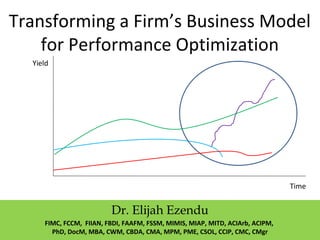 Transforming a Firm’s Business Model
for Performance Optimization
Yield
Time
Dr. Elijah Ezendu
FIMC, FCCM, FIIAN, FBDI, FAAFM, FSSM, MIMIS, MIAP, MITD, ACIArb, ACIPM,
PhD, DocM, MBA, CWM, CBDA, CMA, MPM, PME, CSOL, CCIP, CMC, CMgr
 