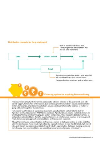 Work on a district/sub-district level.
These are generally tractor dealers that
also sell other implements
Sometime customers have a direct retail option but
only possible with very large manufacturers.
These retail outlets sometimes work on a franchises.
Financing remains a key hurdle for farmers accessing the subsidies extended by the government. Even with
subsidy support, farmers have limited options. Even some equipment manufacturers provide assistance to the
farmers. For example, large tractor manufacturers provide assistance to farmers for purchase of tractors by
giving out loans through their finance division.
Farmers also have the option of approaching cooperative agricultural banks such as National Bank for
Agriculture and Rural Development (NABARD) for assistance. Agricultural loans are also available to farmers for
a multitude of farming activities through public sectors banks in India. These include the State Bank of India as
well as other nationalised banks that offer a variety of schemes to help farmers in purchase of farm equipment.
Finally, farmers can also approach commercial banks for financing farm equipment.
Although farmers have a number of options for financing, a number of challenges continue to hinder credit flow
within the beneficiaries. These include high collaterals, especially for loans of more than INR 1 lakh, high interest
rates and relatively low repayment periods (5-7 years). Industry experts believe that easier financing norms and
more financing from commercial banks are needed to promote farm mechanisation in the country.
Distribution channels for farm equipment
OEMs Dealer’s network Customer
Retail
Financing options for acquiring farm machinery
Transforming Agriculture Through Mechanisation | 35
 