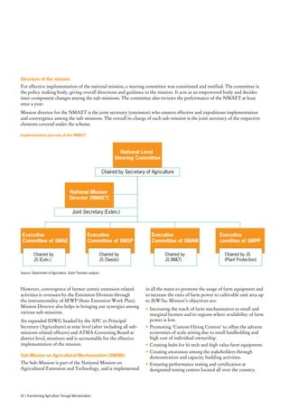 National Level
Steering Committee
Chaired by Secretary of Agriculture
Executive
Committee of SMAE
Chaired by
JS (Extn.)
Chaired by
JS (Seeds)
Chaired by
JS (MT)
Executive
Committee of SMSP
Executive
Committee of SMAM
Executive
comittee of SMPP
Chaired by JS
(Plant Protection)
National Mission
Director (NMAET)
Joint Secretary (Exten.)
Structure of the mission:
For effective implementation of the national mission, a steering committee was constituted and notified. The committee is
the policy making body, giving overall directions and guidance to the mission. It acts as an empowered body and decides
inter-component changes among the sub-missions. The committee also reviews the performance of the NMAET at least
once a year.
Mission director for the NMAET is the joint secretary (extension) who ensures effective and expeditious implementation
and convergence among the sub-missions. The overall in-charge of each sub-mission is the joint secretary of the respective
elements covered under the scheme.
However, convergence of farmer centric extension related
activities is overseen by the Extension Division through
the instrumentality of SEWP (State Extension Work Plan).
Mission Director also helps in bringing out synergies among
various sub-missions.
An expanded IDWG headed by the APC or Principal
Secretary (Agriculture) at state level (after including all sub-
missions related officers) and ATMA Governing Board at
district level, monitors and is accountable for the effective
implementation of the mission.
Sub-Mission on Agricultural Mechanisation (SMAM):
The Sub-Mission is part of the National Mission on
Agricultural Extension and Technology, and is implemented
in all the states to promote the usage of farm equipment and
to increase the ratio of farm power to cultivable unit area up
to 2kW/ha. Mission’s objectives are:
•	Increasing the reach of farm mechanisation to small and
marginal farmers and to regions where availability of farm
power is low.
•	Promoting ‘Custom Hiring Centres’ to offset the adverse
economies of scale arising due to small landholding and
high cost of individual ownership.
•	Creating hubs for hi-tech and high value farm equipment.
•	Creating awareness among the stakeholders through
demonstration and capacity building activities.
•	Ensuring performance testing and certification at
designated testing centres located all over the country.
Source: Department of Agriculture, Grant Thornton analysis
Implementation process of the NMAET:
42 | Transforming Agriculture Through Mechanisation
 