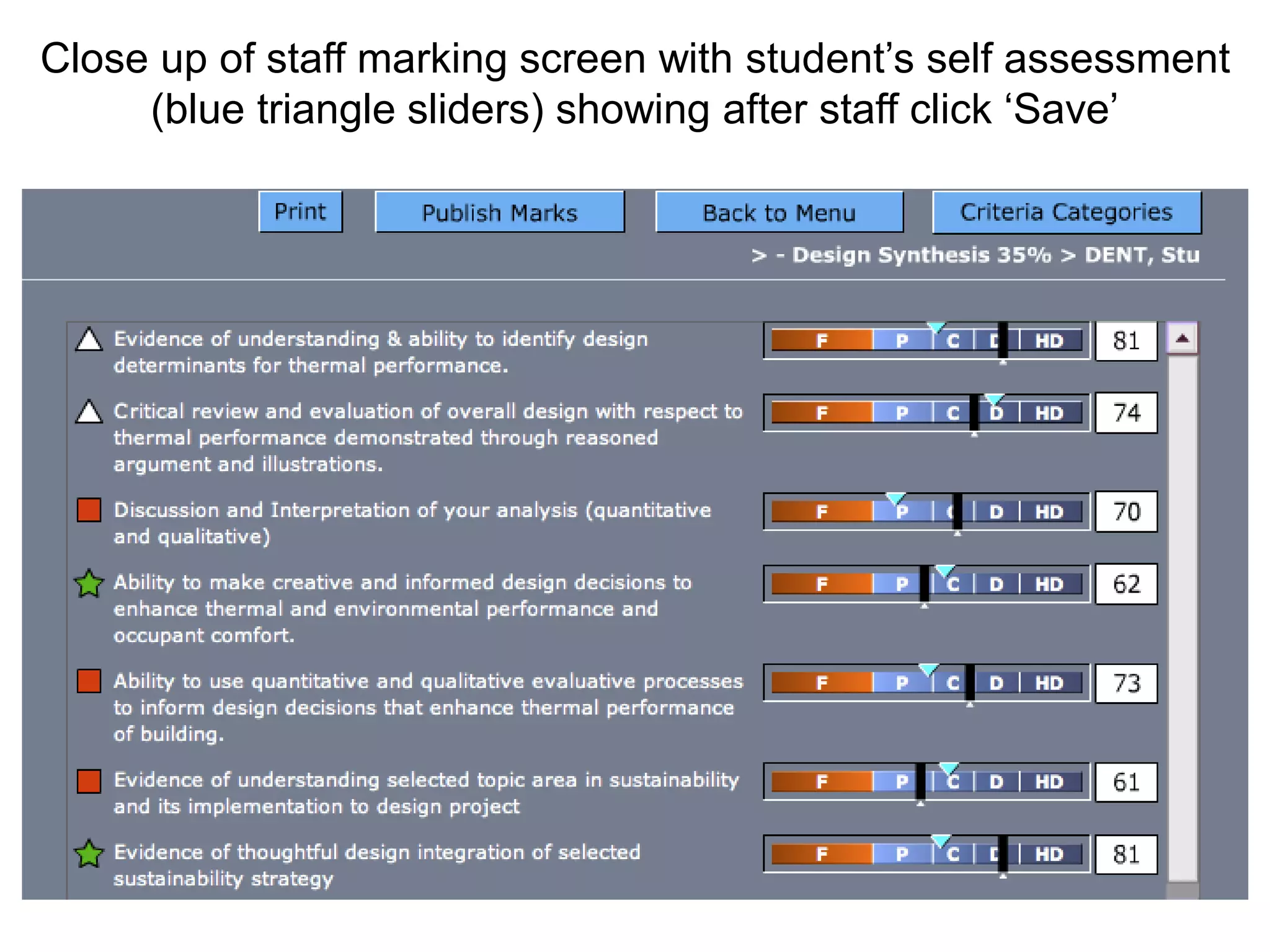 Close up of staff marking screen with student’s self assessment 
(blue triangle sliders) showing after staff click ‘Save’  