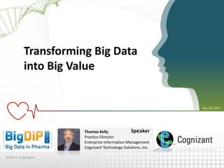 Transforming Big Data
into Big Value

Sep 18, 2013

Speaker
Thomas Kelly
Practice Director
Enterprise Information Management
Cognizant Technology Solutions, Inc.
©2013, Cognizant

 