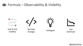 Formula – Observability & Visibility
End To End
Visibility
No Code
Changes
Intelligent
Low
Overhead
@joshcarlisle
 