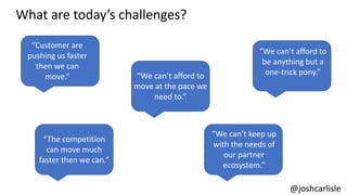 What are today’s challenges?
”Customer are
pushing us faster
then we can
move.”
“The competition
can move much
faster then we can.”
“We can’t afford to
be anything but a
one-trick pony.”
“We can’t keep up
with the needs of
our partner
ecosystem.”
“We can’t afford to
move at the pace we
need to.”
@joshcarlisle
 