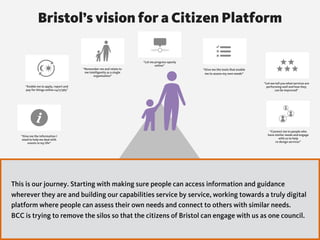 Bristol’s vision for a Citizen Platform
“Give me the information I
need to help me deal with
events in my life”
“Enable me to apply, report and
pay for things online 24/7/365”
“Remember me and relate to
me intelligently as a single
organisation”
“Let me progress openly
online”
“Give me the tools that enable
me to assess my own needs”
“Let me tell you what services are
performing well and how they
can be improved”
“Connect me to people who
have similar needs and engage
with us to help  
re-design services”
This is our journey. Starting with making sure people can access information and guidance
wherever they are and building our capabilities service by service, working towards a truly digital
platform where people can assess their own needs and connect to others with similar needs.  
BCC is trying to remove the silos so that the citizens of Bristol can engage with us as one council.
 