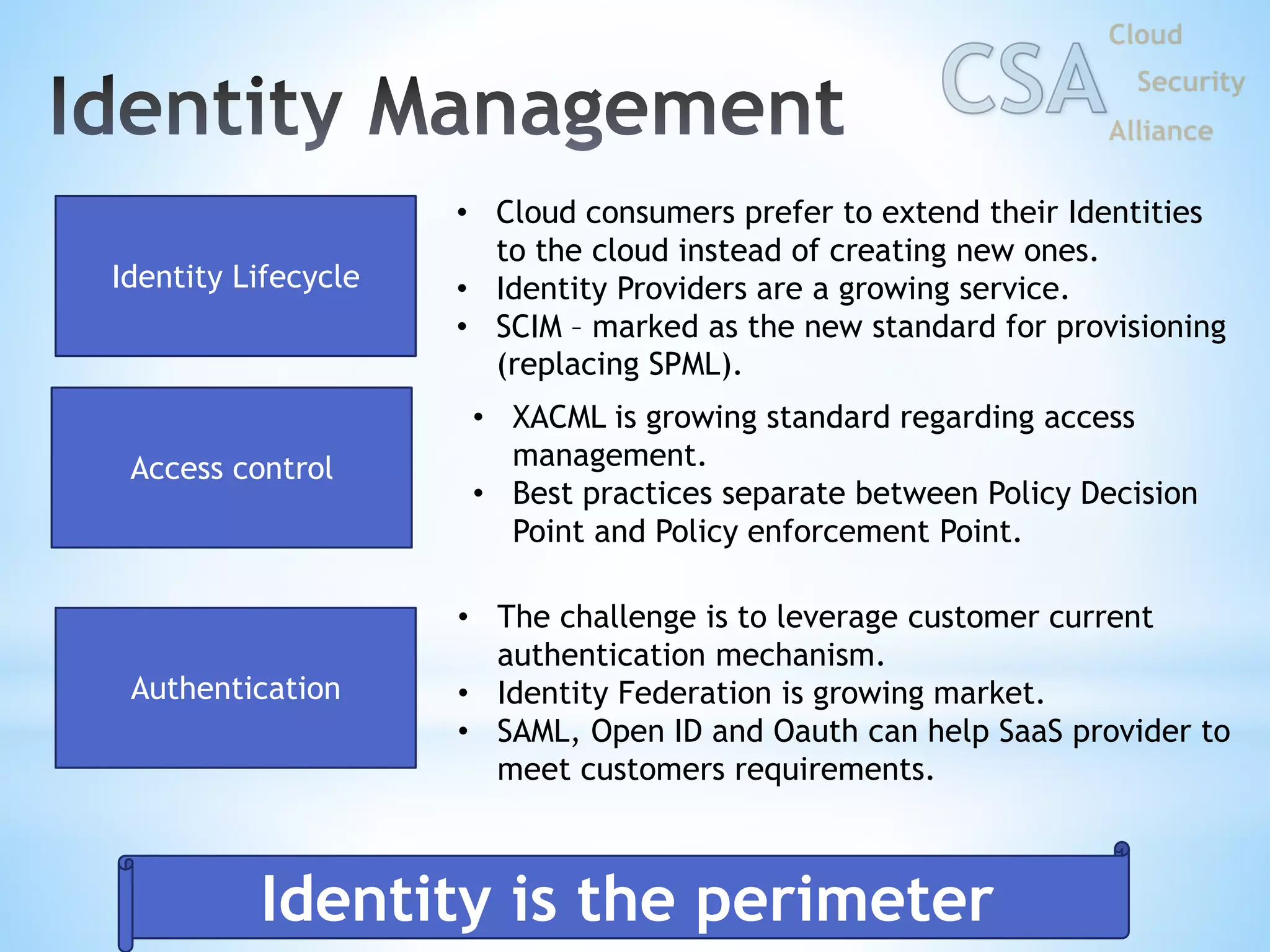 Identity is the perimeter
Identity Lifecycle
Access control
Authentication
• Cloud consumers prefer to extend their Identities
to the cloud instead of creating new ones.
• Identity Providers are a growing service.
• SCIM – marked as the new standard for provisioning
(replacing SPML).
• XACML is growing standard regarding access
management.
• Best practices separate between Policy Decision
Point and Policy enforcement Point.
• The challenge is to leverage customer current
authentication mechanism.
• Identity Federation is growing market.
• SAML, Open ID and Oauth can help SaaS provider to
meet customers requirements.
 