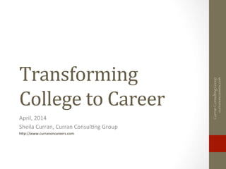 Transforming	
  
College	
  to	
  Career	
  
April,	
  2014	
  
Sheila	
  Curran,	
  Curran	
  Consul5ng	
  Group	
  
h8p://www.curranoncareers.com	
  
	
  
CurranConsultingGroup
curranoncareers.com
 