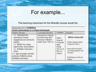 For example... The learning outcomes for the Moodle course would be: 