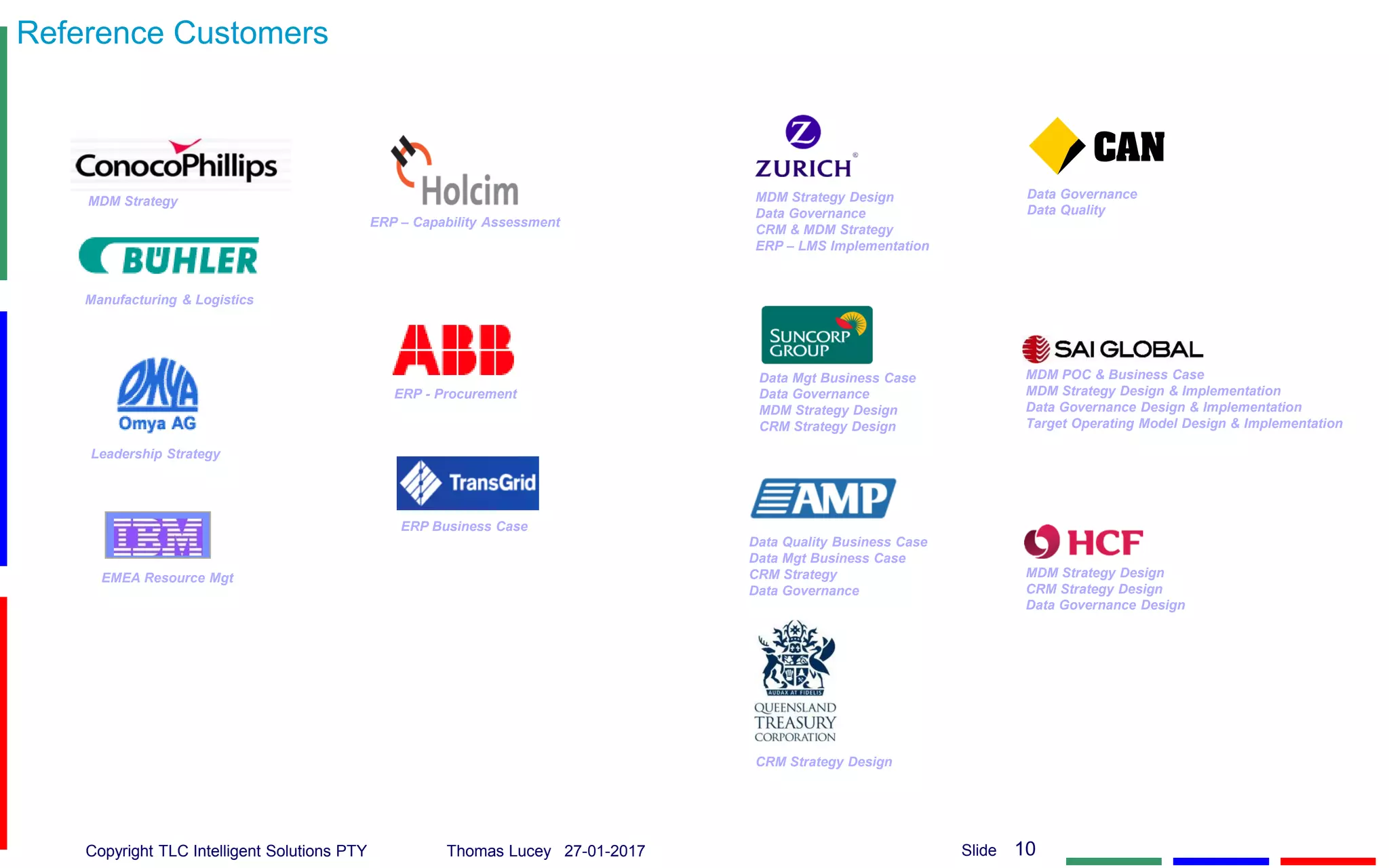 Copyright TLC Intelligent Solutions PTY Thomas Lucey 27-01-2017 10Slide
Reference Customers
Data Mgt Business Case
Data Governance
MDM Strategy Design
CRM Strategy Design
Data Quality Business Case
Data Mgt Business Case
CRM Strategy
Data Governance
CRM Strategy Design
MDM Strategy Design
Data Governance
CRM & MDM Strategy
ERP – LMS Implementation
MDM Strategy
ERP Business Case
ERP - Procurement
ERP – Capability Assessment
Leadership Strategy
EMEA Resource Mgt
Manufacturing & Logistics
Data Governance
Data Quality
MDM POC & Business Case
MDM Strategy Design & Implementation
Data Governance Design & Implementation
Target Operating Model Design & Implementation
MDM Strategy Design
CRM Strategy Design
Data Governance Design
 