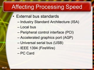 5A-17
Affecting Processing Speed
• External bus standards
– Industry Standard Architecture (ISA)
– Local bus
– Peripheral control interface (PCI)
– Accelerated graphics port (AGP)
– Universal serial bus (USB)
– IEEE 1394 (FireWire)
– PC Card
 