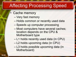 5A-20
Affecting Processing Speed
• Cache memory
– Very fast memory
– Holds common or recently used data
– Speeds up computer processing
– Most computers have several caches;
location depends on the CPU &
Motherboard type
– L1 holds recently used data (in CPU)
– L2 holds upcoming data (in CPU)
– L3 holds possible upcoming data (in
Motherboard)
 