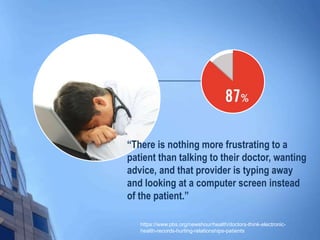 “There is nothing more frustrating to a
patient than talking to their doctor, wanting
advice, and that provider is typing away
and looking at a computer screen instead
of the patient.”
https://www.pbs.org/newshour/health/doctors-think-electronic-
health-records-hurting-relationships-patients
 