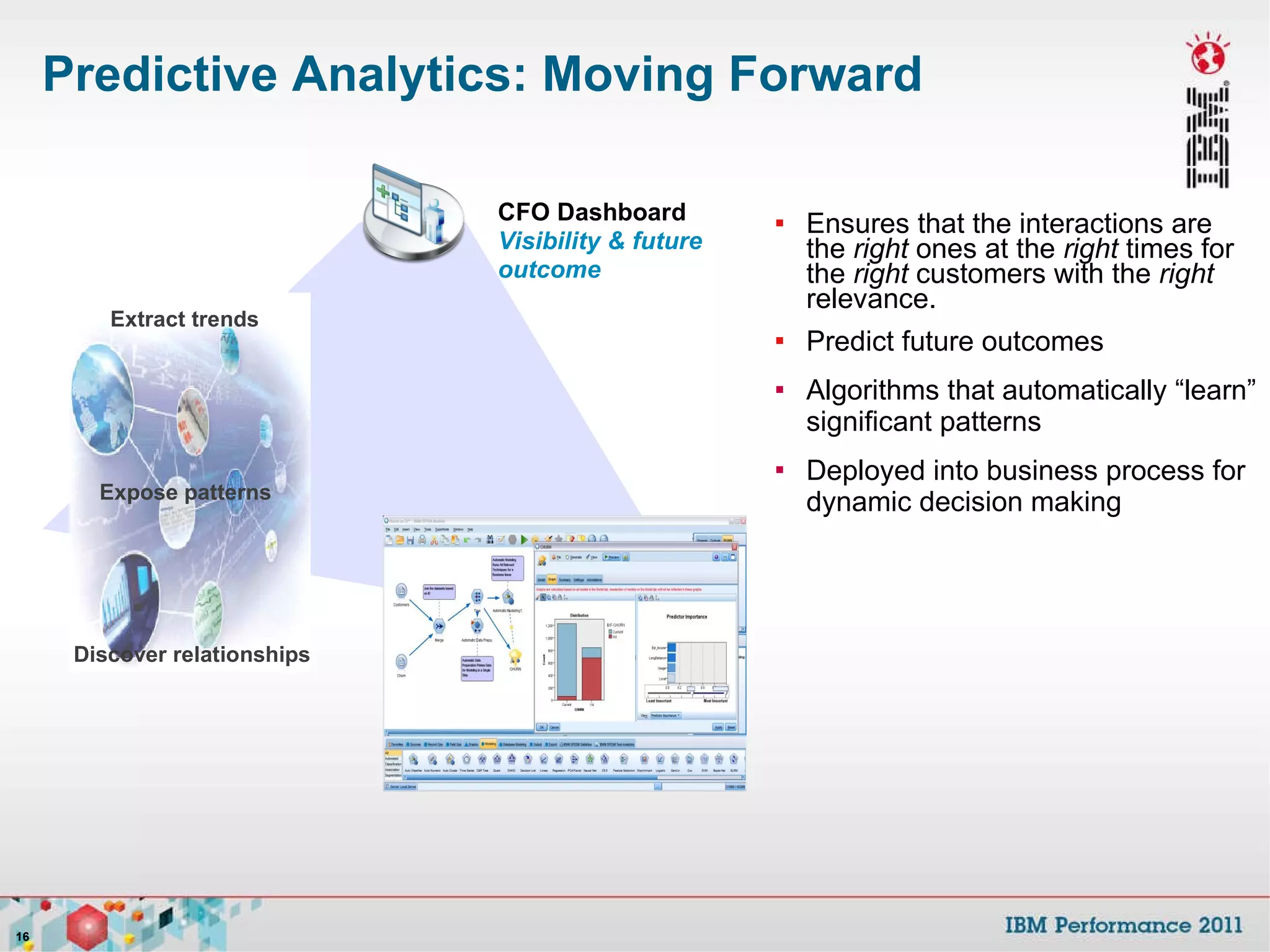 Predictive Analytics: Moving Forward Ensures that the interactions are the  right  ones at the  right  times for the  right  customers with the  right  relevance.  Predict future outcomes Algorithms that automatically  “learn” significant patterns Deployed into business process for dynamic decision making CFO Dashboard Visibility & future outcome 