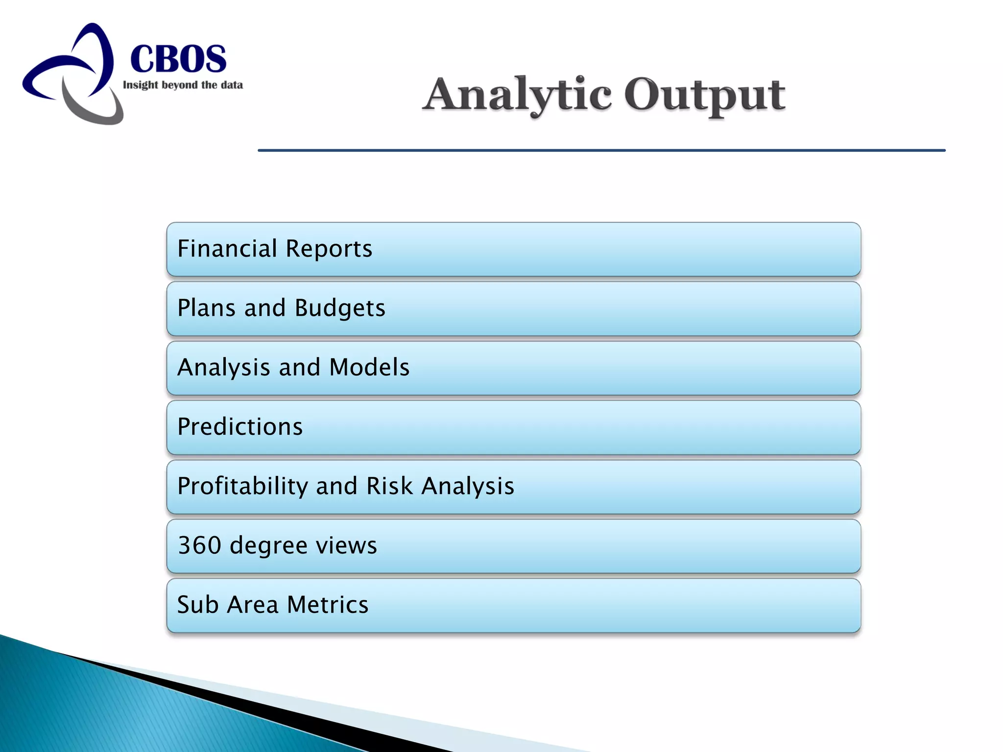 Financial Reports

Plans and Budgets

Analysis and Models

Predictions

Profitability and Risk Analysis

360 degree views

Sub Area Metrics
 