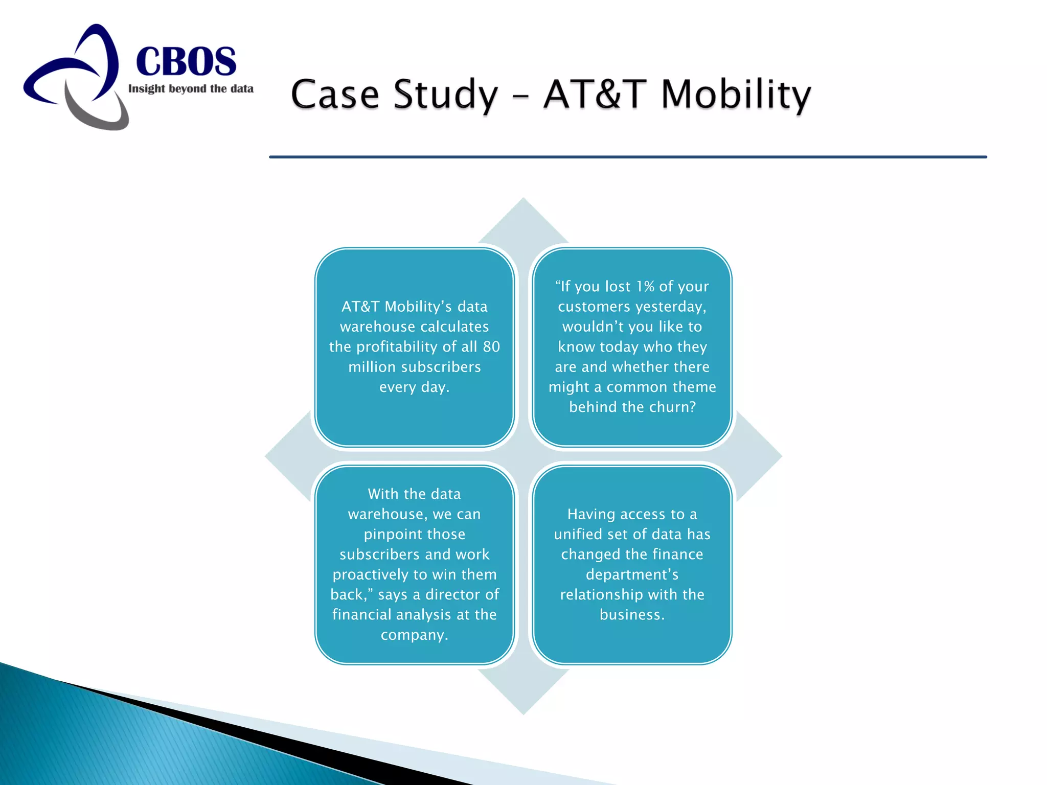“If you lost 1% of your
  AT&T Mobility’s data         customers yesterday,
  warehouse calculates          wouldn’t you like to
the profitability of all 80    know today who they
   million subscribers        are and whether there
        every day.            might a common theme
                                  behind the churn?




     With the data
   warehouse, we can            Having access to a
     pinpoint those           unified set of data has
 subscribers and work          changed the finance
proactively to win them            department’s
back,” says a director of      relationship with the
financial analysis at the            business.
       company.
 