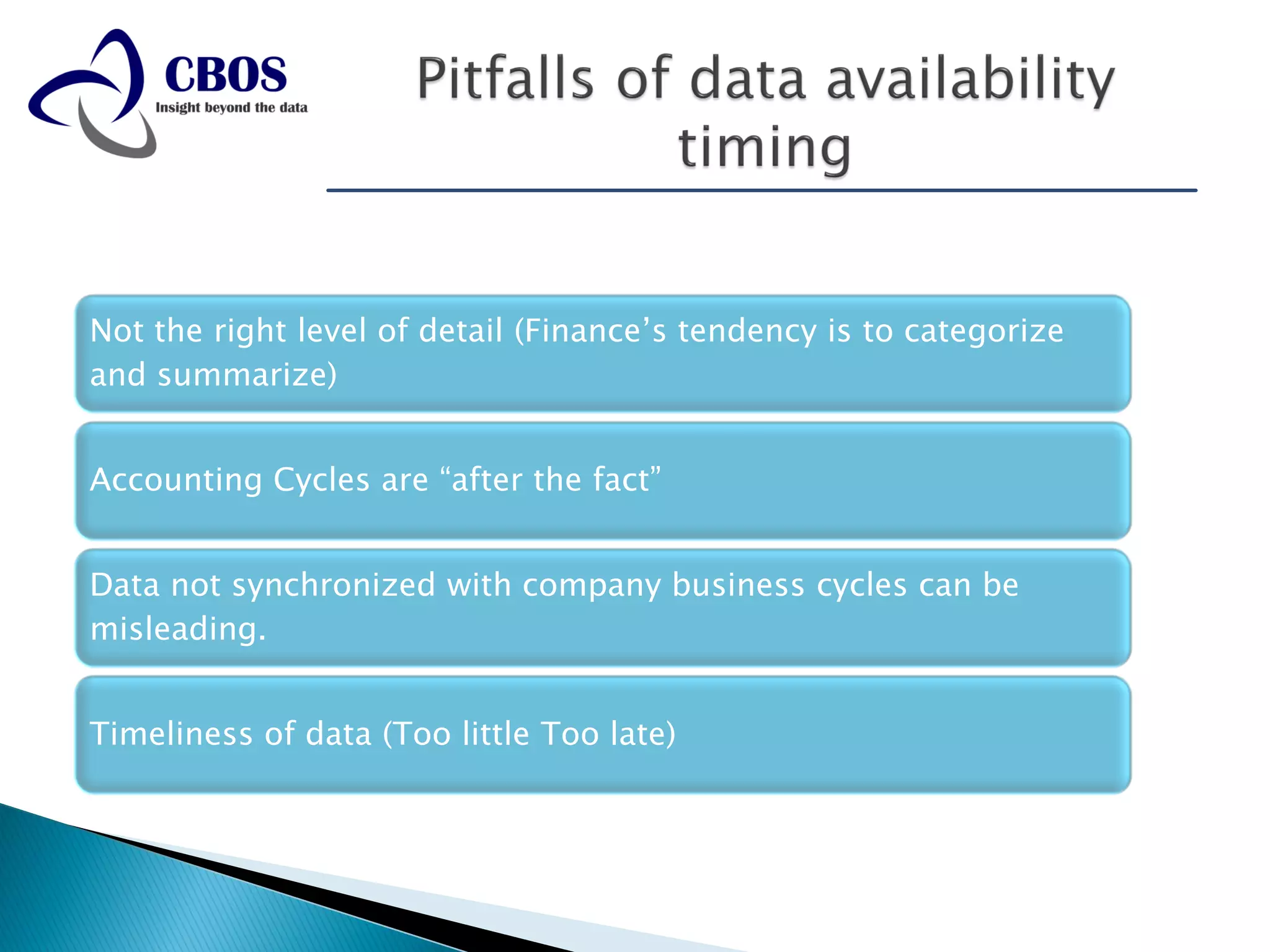 Not the right level of detail (Finance’s tendency is to categorize
and summarize)


Accounting Cycles are “after the fact”


Data not synchronized with company business cycles can be
misleading.


Timeliness of data (Too little Too late)
 