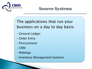 The applications that run your
business on a day to day basis:
• General Ledger
• Order Entry
• Procurement
• CRM
• Weblogs
• Inventory Management Systems
 