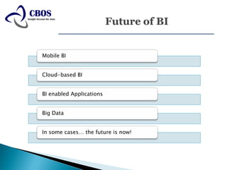Mobile BI


Cloud-based BI


BI enabled Applications


Big Data


In some cases… the future is now!
 