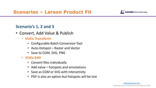www.cgmlarson.com
Copyright Larson Software Technology (c) 2016
Scenarios – Larson Product Fit
Scenario’s 1, 2 and 3
• Convert, Add Value & Publish
• VizEx Transform
• Configurable Batch Conversion Tool
• Auto-Hotspot – Raster and Vector
• Save to CGM, SVG, PNG
• VizEx Edit
• Convert files individually
• Add value – hotspots and annotations
• Save as CGM or SVG with interactivity
• PDF is also an option but hotspots will be lost
 