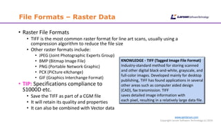 www.cgmlarson.com
Copyright Larson Software Technology (c) 2016
File Formats – Raster Data
• Raster File Formats
• TIFF is the most common raster format for line art scans, usually using a
compression algorithm to reduce the file size
• Other raster formats include:
• JPEG (Joint Photographic Experts Group)
• BMP (Bitmap Image File)
• PNG (Portable Network Graphic)
• PCX (PiCture eXchange)
• GIF (Graphics Interchange Format)
• TIP: Specifications compliance to
S1000D etc.
• Save the TIFF as part of a CGM file
• It will retain its quality and properties
• It can also be combined with Vector data
KNOWLEDGE - TIFF (Tagged Image File Format)
Industry-standard method for storing scanned
and other digital black-and-white, grayscale, and
full-color images. Developed mainly for desktop
publishing, TIFF has found applications in several
other areas such as computer aided design
(CAD), fax transmission. TIFF
saves detailed image information with
each pixel, resulting in a relatively large data file.
 