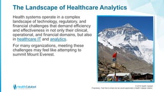 © 2016 Health Catalyst
Proprietary. Feel free to share but we would appreciate a Health Catalyst citation.
The Landscape of Healthcare Analytics
Health systems operate in a complex
landscape of technology, regulatory, and
financial challenges that demand efficiency
and effectiveness in not only their clinical,
operational, and financial domains, but also
in healthcare IT and analytics.
For many organizations, meeting these
challenges may feel like attempting to
summit Mount Everest.
 