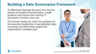 © 2016 Health Catalyst
Proprietary. Feel free to share but we would appreciate a Health Catalyst citation.
Building a Data Governance Framework
To effectively leverage the work from the five
phases of analytics transformation, health
systems must revise their existing IT
framework or build a new one.
This should always be under the guidance of
the executive leadership to appropriately align
resources and efforts that support the
organization’s strategic plan.
 
