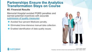 © 2016 Health Catalyst
Proprietary. Feel free to share but we would appreciate a Health Catalyst citation.
Partnerships Ensure the Analytics
Transformation Stays on Course
#2: Financial Results
Memorial Hospital avoided PQRS penalties and
earned potential incentives with accurate
submission of quality measures:
Avoided four percent Medicare penalty.
Eliminated time-intensive manual data collection.
Enabled identification of data quality issues.
>
>
>
 