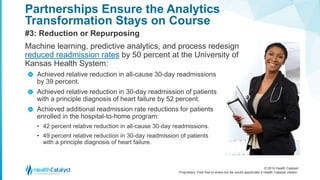 © 2016 Health Catalyst
Proprietary. Feel free to share but we would appreciate a Health Catalyst citation.
Partnerships Ensure the Analytics
Transformation Stays on Course
#3: Reduction or Repurposing
Machine learning, predictive analytics, and process redesign
reduced readmission rates by 50 percent at the University of
Kansas Health System:
Achieved relative reduction in all-cause 30-day readmissions
by 39 percent.
Achieved relative reduction in 30-day readmission of patients
with a principle diagnosis of heart failure by 52 percent.
Achieved additional readmission rate reductions for patients
enrolled in the hospital-to-home program:
• 42 percent relative reduction in all-cause 30-day readmissions.
• 49 percent relative reduction in 30-day readmission of patients
with a principle diagnosis of heart failure.
>
>
>
 