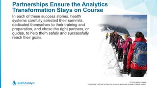 © 2016 Health Catalyst
Proprietary. Feel free to share but we would appreciate a Health Catalyst citation.
Partnerships Ensure the Analytics
Transformation Stays on Course
In each of these success stories, health
systems carefully selected their summits,
dedicated themselves to their training and
preparation, and chose the right partners, or
guides, to help them safely and successfully
reach their goals.
 