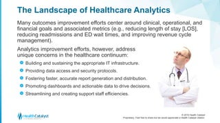 © 2016 Health Catalyst
Proprietary. Feel free to share but we would appreciate a Health Catalyst citation.
The Landscape of Healthcare Analytics
Many outcomes improvement efforts center around clinical, operational, and
financial goals and associated metrics (e.g., reducing length of stay [LOS],
reducing readmissions and ED wait times, and improving revenue cycle
management).
Analytics improvement efforts, however, address
unique concerns in the healthcare continuum:
Building and sustaining the appropriate IT infrastructure.
Providing data access and security protocols.
Fostering faster, accurate report generation and distribution.
Promoting dashboards and actionable data to drive decisions.
Streamlining and creating support staff efficiencies.
>
>
>
>
>
 
