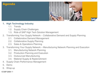 © SAP 2009 / 1
1. High Technology Industry
1.1. Trends
1.2. Supply Chain Challenges
1.3. Role of SAP High Tech Solution Management
2. Transforming Your Supply Network – Collaborative Demand and Supply Planning
2.1. Collaborative Demand Management
2.2. Collaborative Supply Planning
2.3. Sales & Operations Planning
3. Transforming Your Supply Network – Manufacturing Network Planning and Execution
3.1. Manufacturing Network Planning
3.2. Production Planning and Execution
3.3. Outsourced Manufacturing
3.4. Material Supply & Replenishment
4. Supply Chain Performance Management
5. Demo
6. Wrap-up
Agenda
 